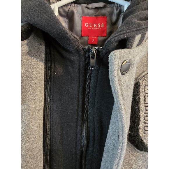 GUESS Boys Youth Varsity Wool Blend Hooded Jacket Full Zip Black & Gray Size 7 - Picture 7 of 10